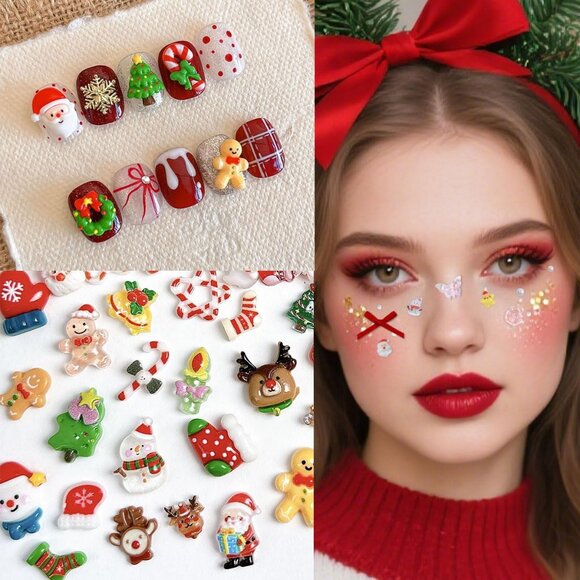 100Pcs Christmas Nail Charms, 3D Resin Gingerbread, Santa & Xmas Tree Decoration - Picture 3 of 6